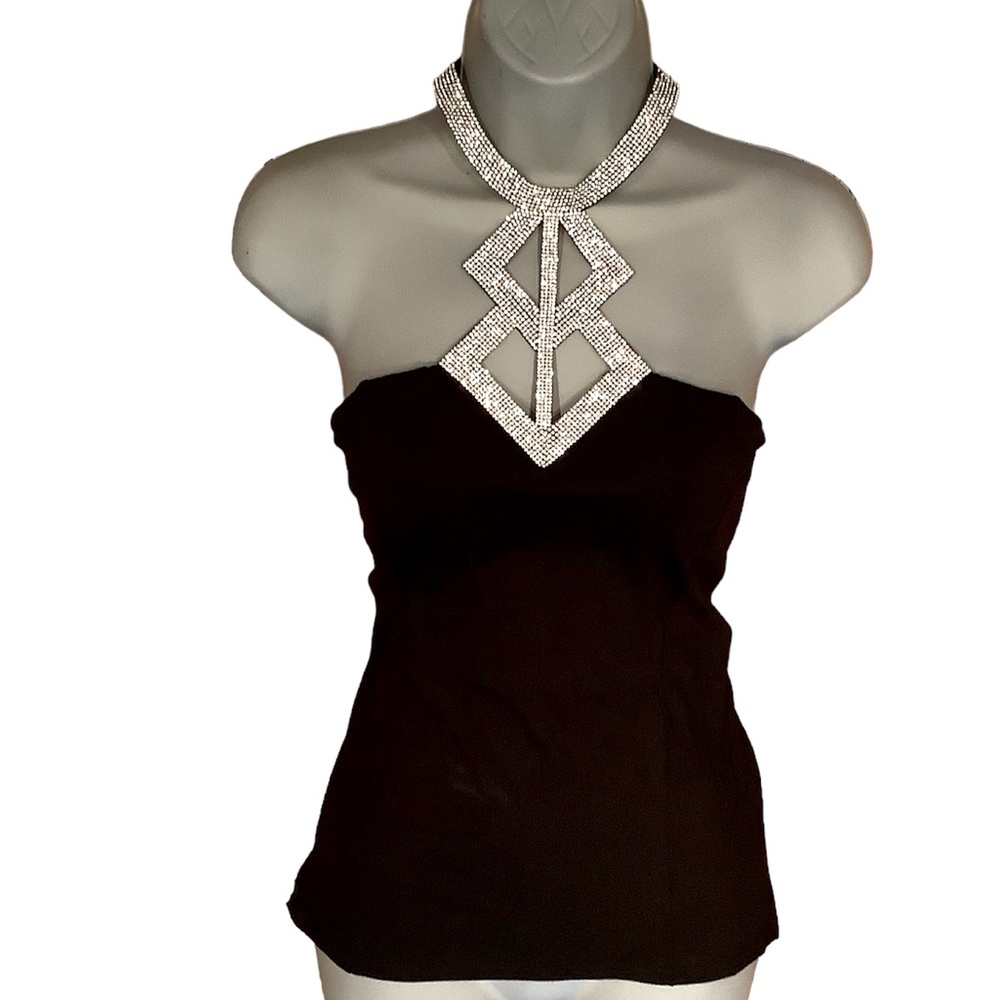 Gorgeous Rhinestone and black halter top in a soft stretchy knit. Sz. M